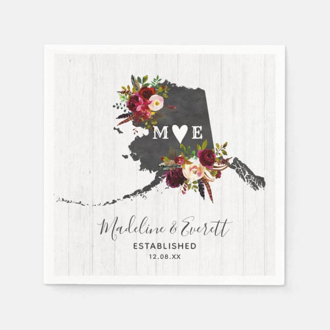 Alaska State Destination Rustic Wedding Monogram Paper Napkins (Front)