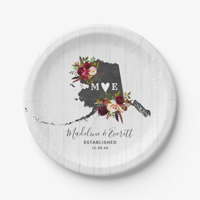 Alaska State Destination Rustic Wedding Monogram Paper Plates (Front)