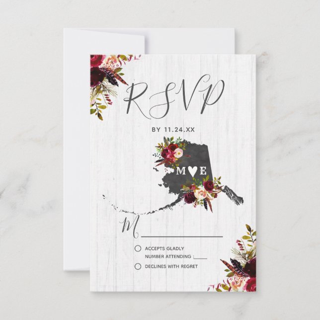 Alaska State Destination Rustic Wedding RSVP Card (Front)