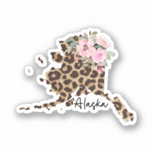 Alaska State Leopard Print With Flowers Sticker