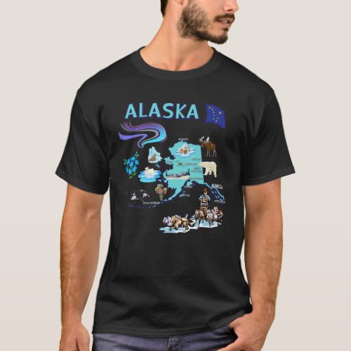 Alaska State Map Landmarks Symbols Major Cities Fl T_Shirt