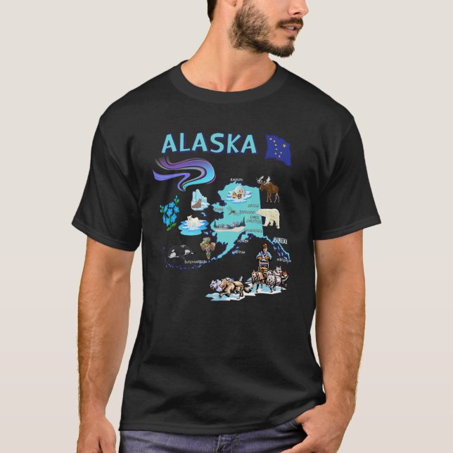 Alaska State Map Landmarks Symbols Major Cities Fl T-Shirt (Front)