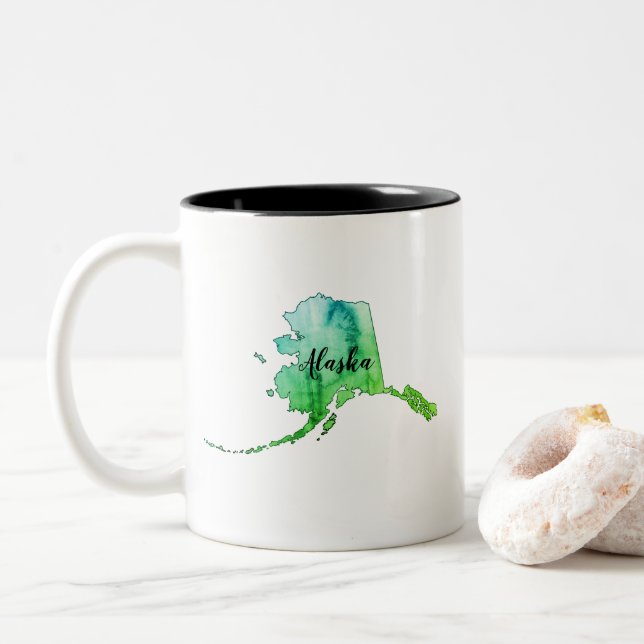 Alaska State Map Watercolor Two-Tone Coffee Mug (With Donut)