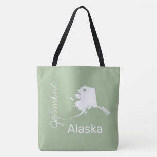 Alaska state map with heart personalize name  tote bag