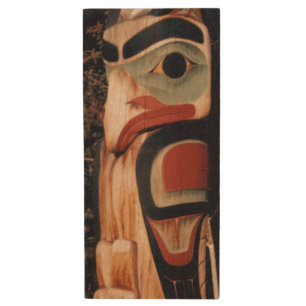 Alaska Summer-Winter Carved Totem Pole Wood USB Flash Drive