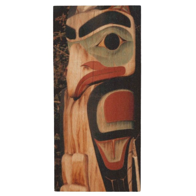 Alaska Summer-Winter Carved Totem Pole Wood USB Flash Drive (Front Vertical)