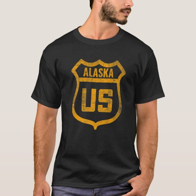 Alaska  Us Highway Distressed Weathered Look Road  T-Shirt (Front)