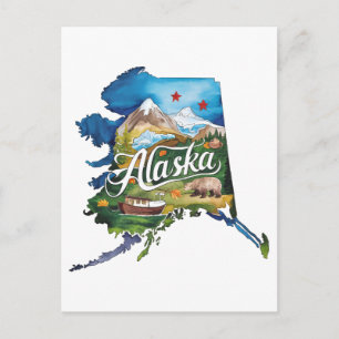 Alaska USA State Shaped Vintage Watercolor Postcard
