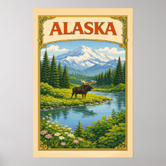 Alaska Vintage Moose Woodland Poster