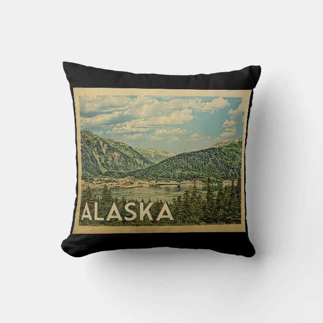 Alaska Vintage Travel Throw Pillow (Front)