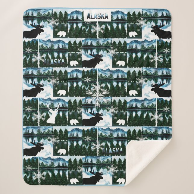 Alaska Watercolor Mountains Landscape Med Sherpa Blanket (Front)