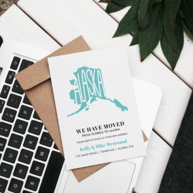 ALASKA We've moved New address New Home  Postcard (ALASKA MAP THEMED RELOCATION POSTCARD TO ANNOUNCE TO FAMILY AND FRIENDS WHERE YOUR NEW HOUSE IS)