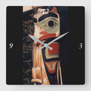 Alaska Wood Carved Southeast Totem Pole Fancy Square Wall Clock
