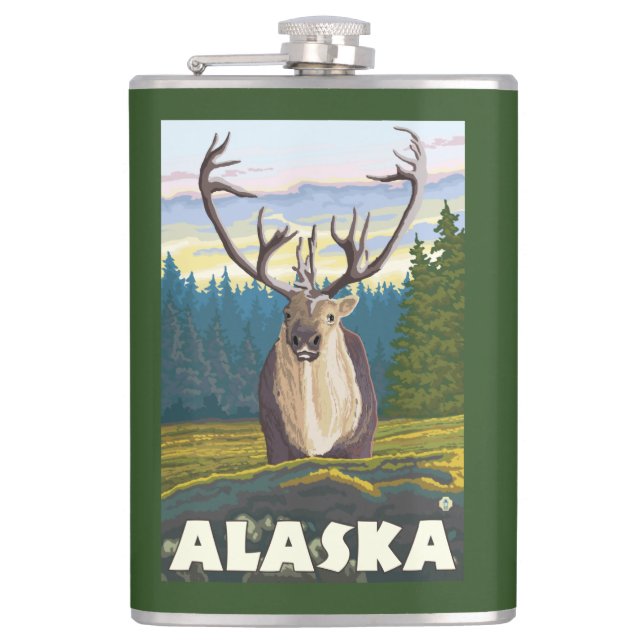 AlaskaCaribou in the Wild Vintage Travel Flask (Front)