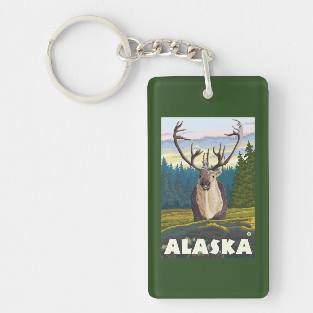 AlaskaCaribou in the Wild Vintage Travel Keychain (Front)