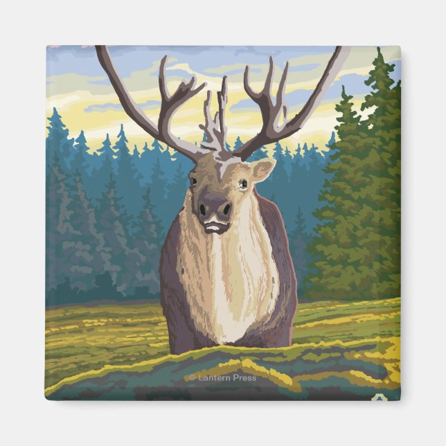 AlaskaCaribou in the Wild Vintage Travel Magnet (Front)