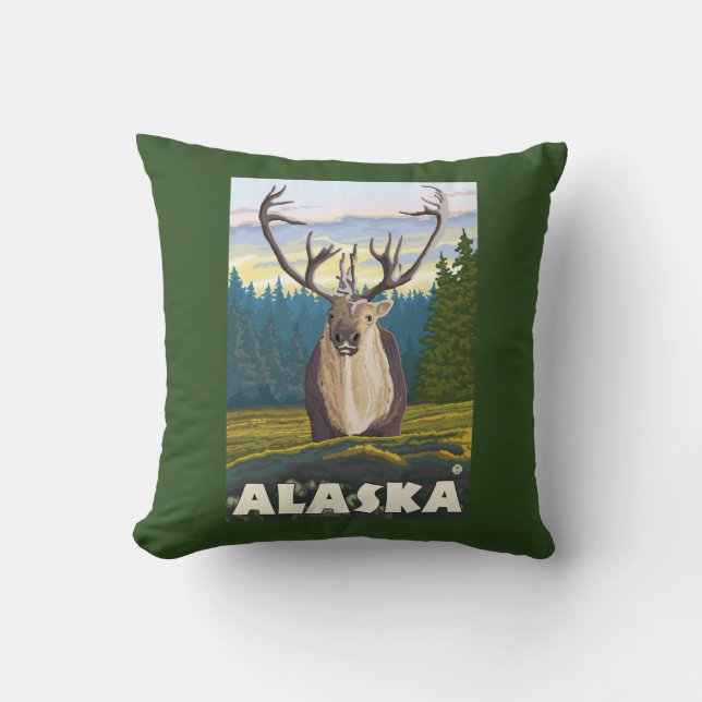 AlaskaCaribou in the Wild Vintage Travel Throw Pillow (Front)