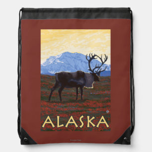 AlaskaCaribou Vintage Travel Poster Drawstring Bag