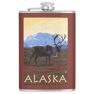 AlaskaCaribou Vintage Travel Poster Flask
