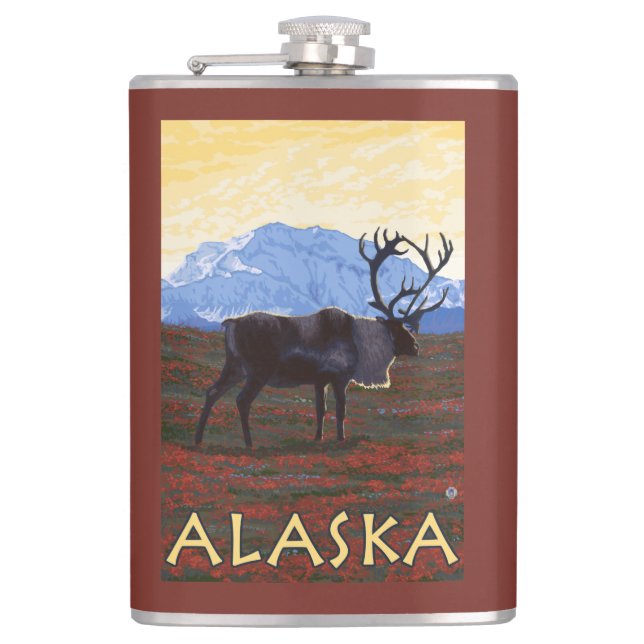 AlaskaCaribou Vintage Travel Poster Flask (Front)