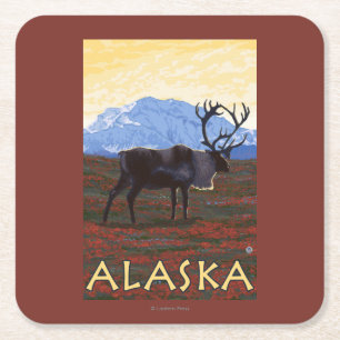 AlaskaCaribou Vintage Travel Poster Square Paper Coaster