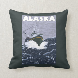 AlaskaCrab Boat Vintage Travel Poster Throw Pillow
