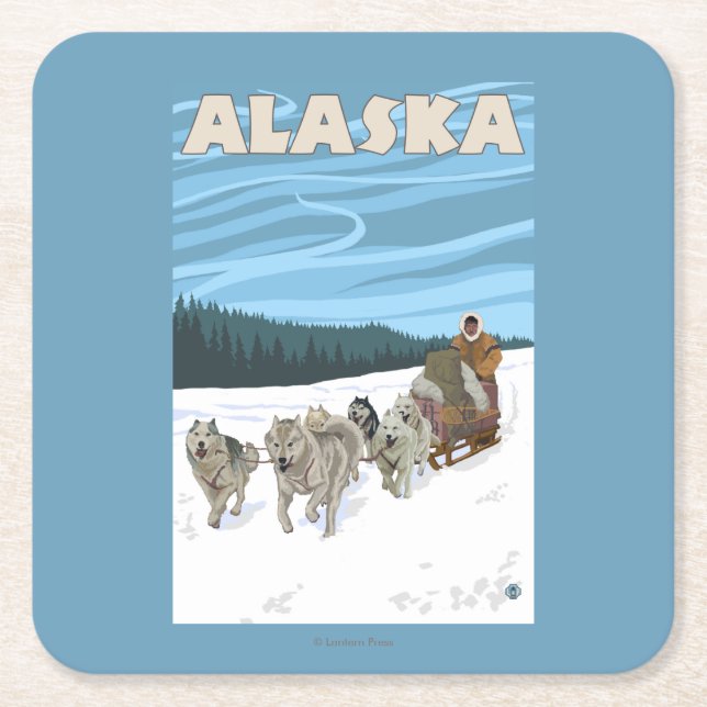 AlaskaDogsledding Vintage Travel Poster Square Paper Coaster (Front)