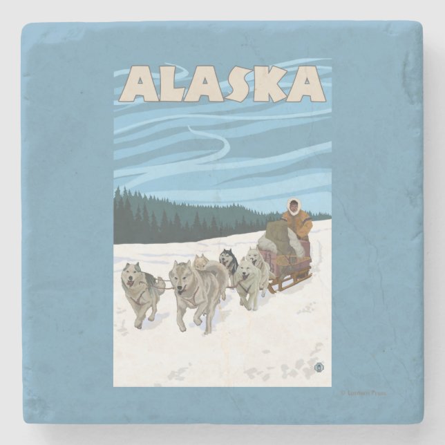 AlaskaDogsledding Vintage Travel Poster Stone Coaster (Front)