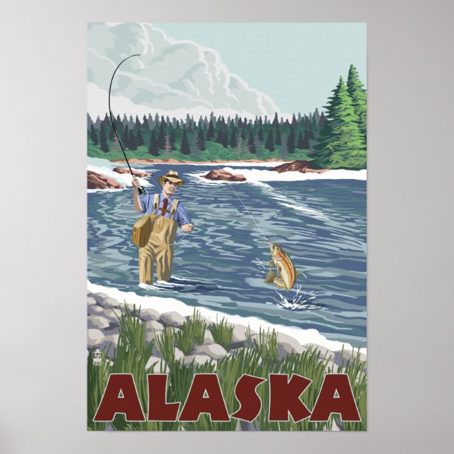 AlaskaFly Fisherman Vintage Travel Poster (Front)