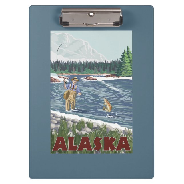 AlaskaFly Fisherman Vintage Travel Poster Clipboard (Front)