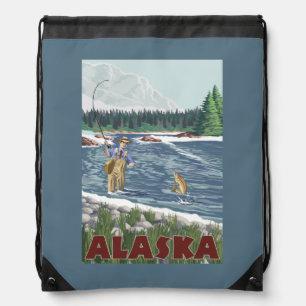 AlaskaFly Fisherman Vintage Travel Poster Drawstring Bag