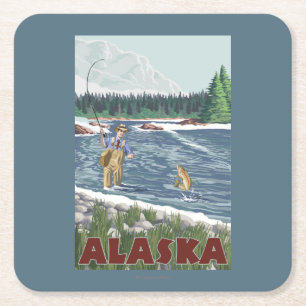 AlaskaFly Fisherman Vintage Travel Poster Square Paper Coaster