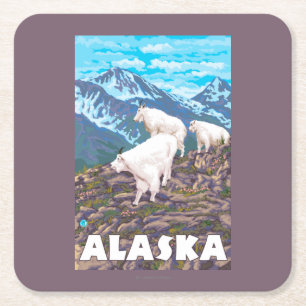 AlaskaMountain Goats Vintage Travel Poster Square Paper Coaster