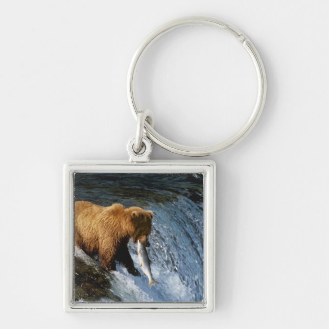 Alaskan Brown Bear Catching Salmon at Brooks Keychain (Front)
