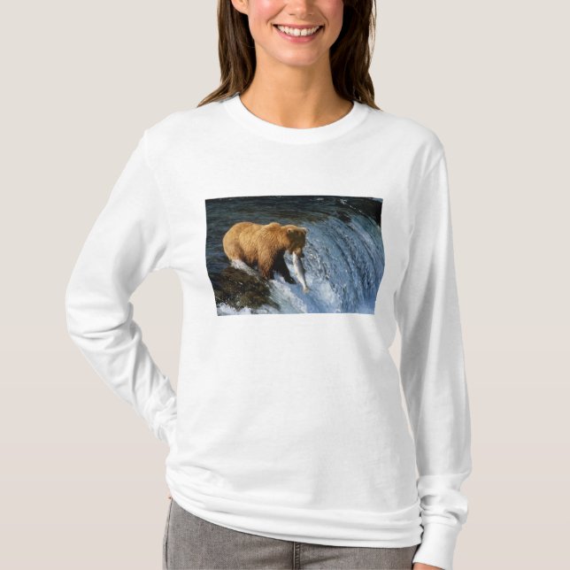 Alaskan Brown Bear Catching Salmon at Brooks T-Shirt (Front)