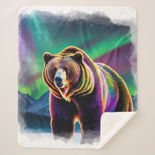 Alaskan Grizzly Bear  Northern Lights Sherpa Blanket