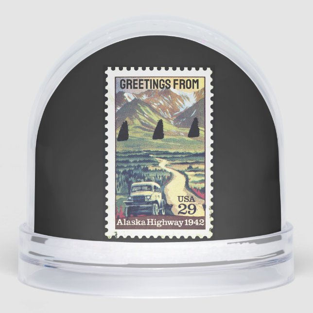 Alaskan Highway 1942 Stamp Historical WWII Route Snow Globe (Front)