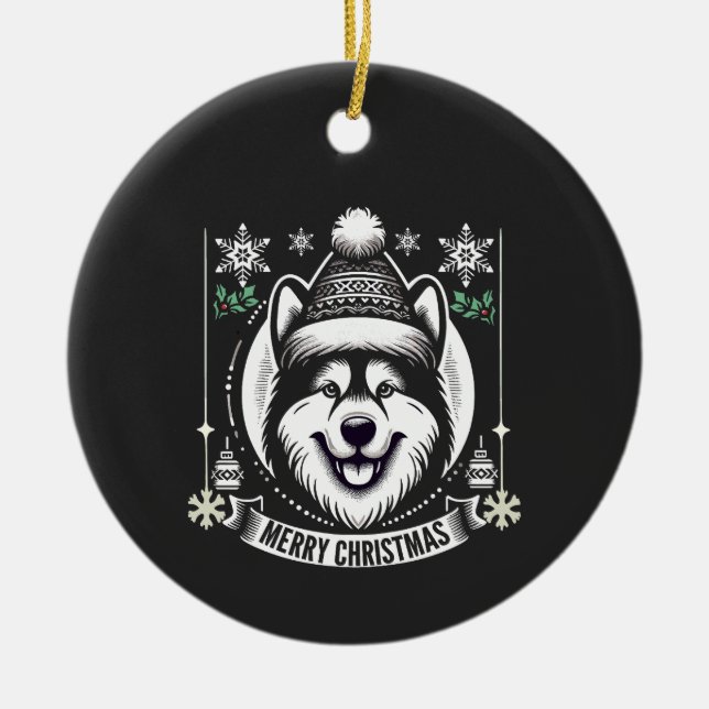 Alaskan husky Christmas dog lover gift Reindeer Ceramic Ornament (Front)