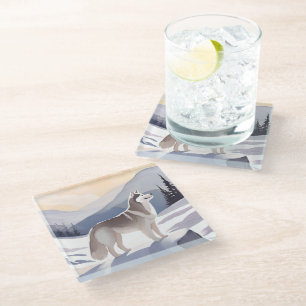 Alaskan Husky   Dog Mountain Watercolor Glass Coaster