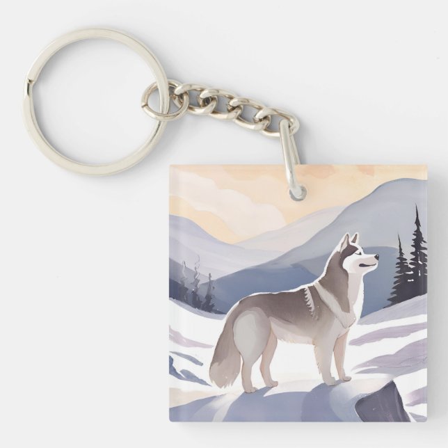Alaskan Husky | Dog Mountain Watercolor Keychain (Front)