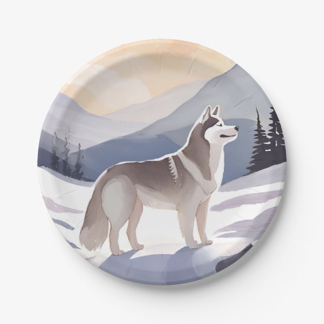 Alaskan Husky | Dog Mountain Watercolor Paper Plates (Front)