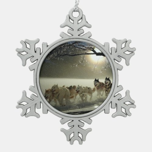 Alaskan Husky Dog Sled Race Snowflake Pewter Christmas Ornament