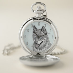 Alaskan Klee Kai Painting - Cute Original Dog Art Pocket Watch