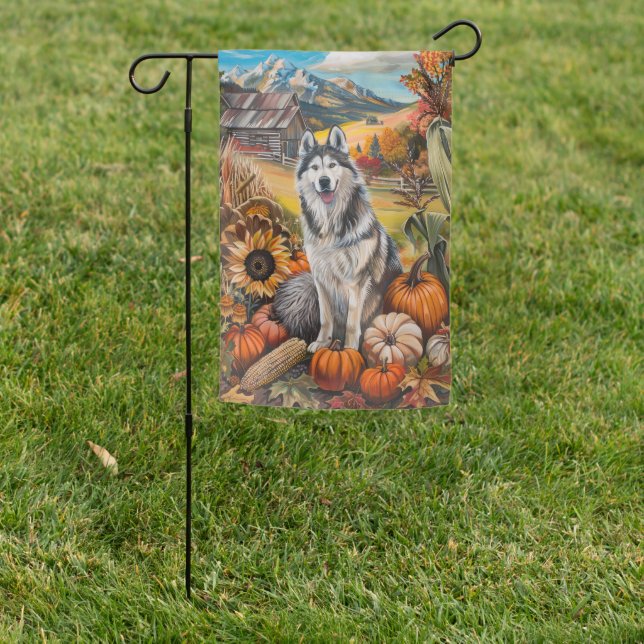 Alaskan Malamute Autumn Harvest Thanksgiving Dog  Garden Flag (In SItu)