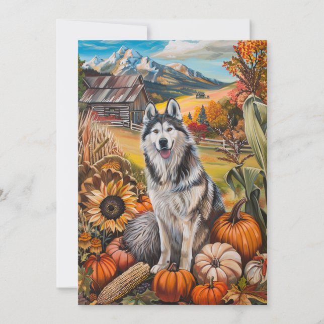 Alaskan Malamute Autumn Harvest Thanksgiving Dog Holiday Card (Front)