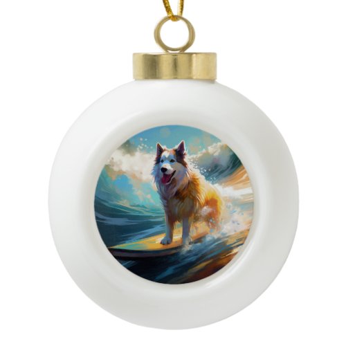 Alaskan Malamute Beach Surfing Painting  Ceramic Ball Christmas Ornament
