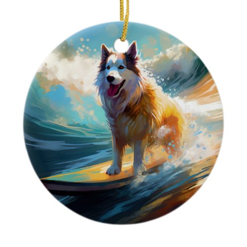 Alaskan Malamute Beach Surfing Painting  Ceramic Ornament