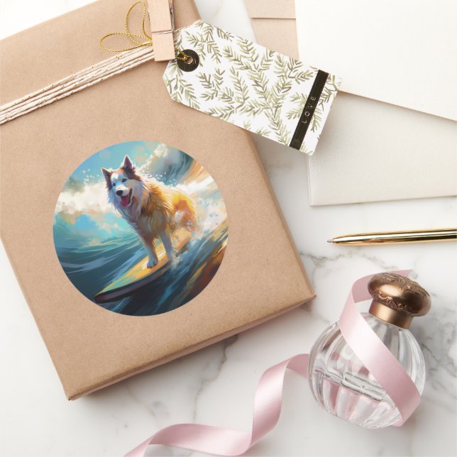 Alaskan Malamute Beach Surfing Painting  Classic Round Sticker (Gifting)