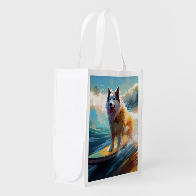 Alaskan Malamute Beach Surfing Painting  Grocery Bag (Front Side)