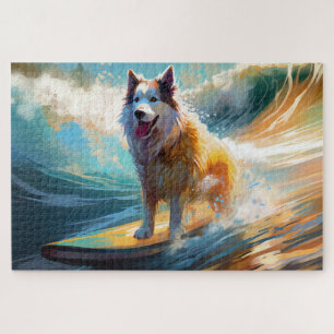 Alaskan Malamute Beach Surfing Painting Jigsaw Puzzle